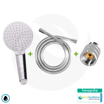 hansgrohe Crometta Vario, SET a 2 getti + ecoturbino® 10 Legio | adattatore per il risparmio idrico ET10L + flessibile doccia + soffione doccia