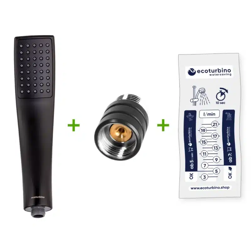 Duschhuvud DELUXE UPGRADE SET 10 Legio, svart | ecoturbino® | ET10L Vattenbesparande adapter + Designer handhållet duschhuvud - Handdusch. Foderbild.