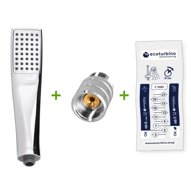 Duschhuvud DELUXE UPGRADE SET 10 Legio, silver | ecoturbino® | ET10L Vattenbesparande adapter + Designer handhållet duschhuvud - Handdusch. Matningsbild.