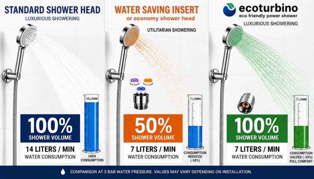 Comparison of shower spray patterns | with and without the ecoturbino SPA optimiser